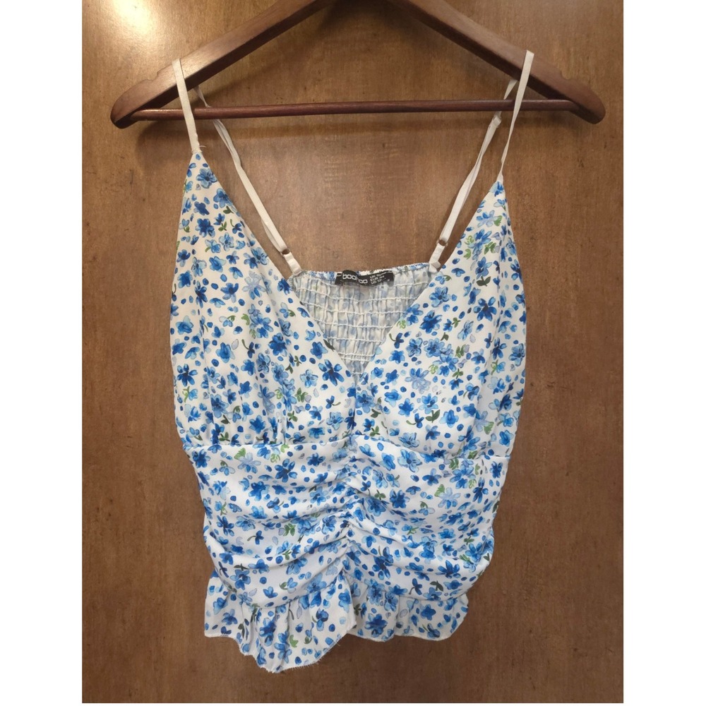 Boohoo Floral Ruched Camisole Top Blue White Smocked Peplum US S Made in Italy